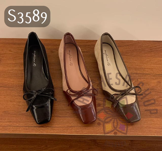 S3589 - 頭層羊猄拼皮蝴蝶結方頭低踭鞋