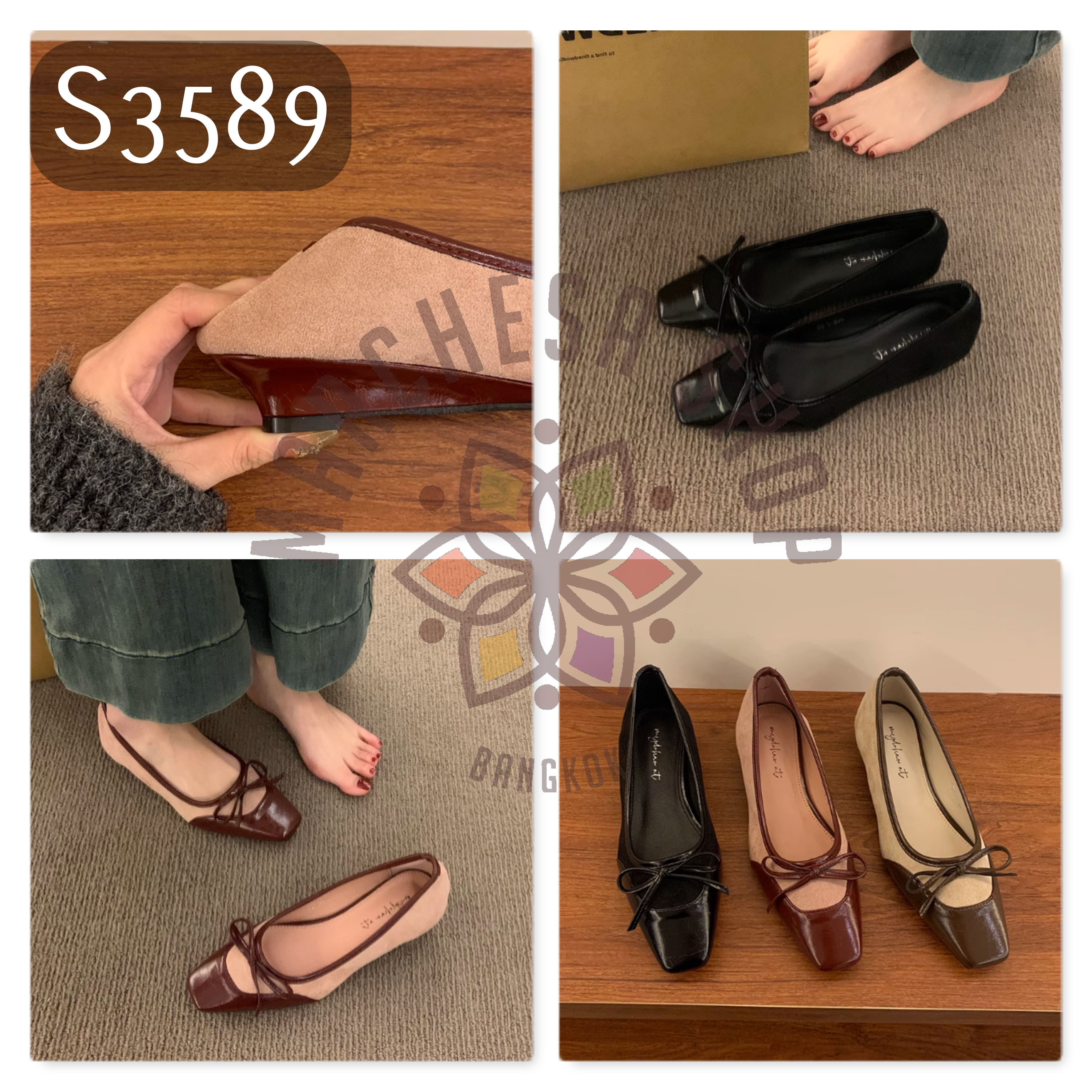 S3589 - 頭層羊猄拼皮蝴蝶結方頭低踭鞋