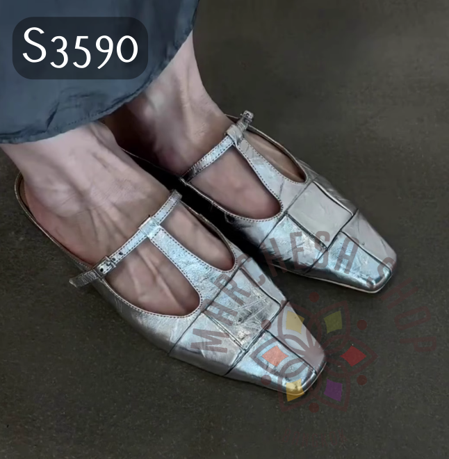 S3590 - 頭層羊皮透氣編織方頭平底涼拖