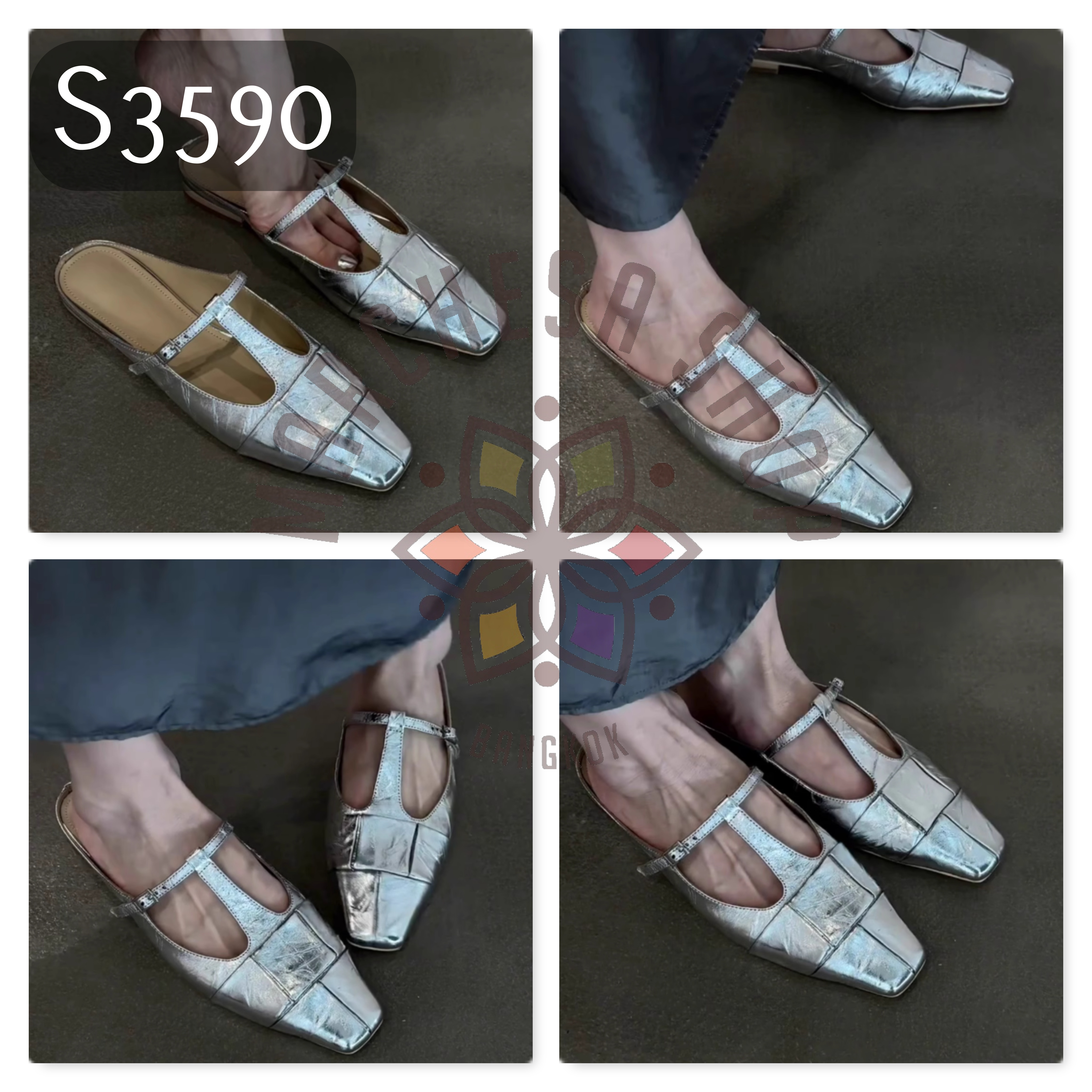 S3590 - 頭層羊皮透氣編織方頭平底涼拖