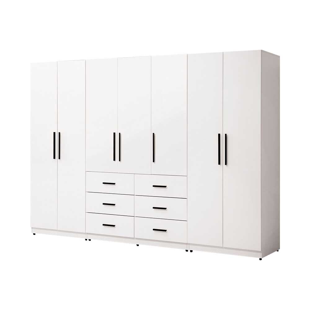 羅克莎9尺白色衣櫃組合(二門雙吊桿衣櫃+三門六抽衣櫃+二門單吊桿衣櫃)