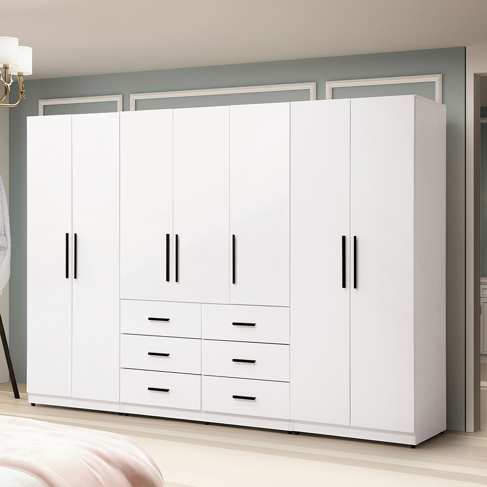 羅克莎9尺白色衣櫃組合(二門雙吊桿衣櫃+三門六抽衣櫃+二門單吊桿衣櫃)