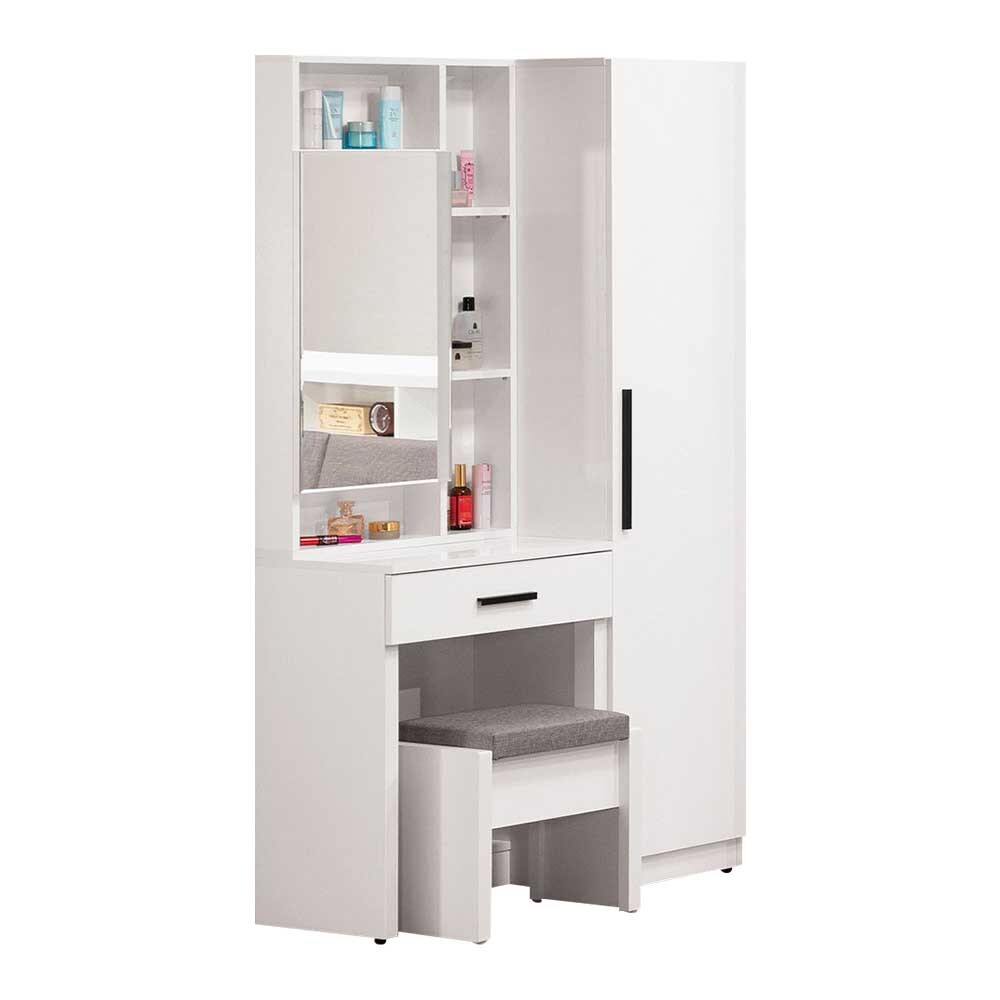 羅克莎2尺白色開門式化妝鏡台+1.3尺收納立鏡櫃(附耐磨皮革收納化妝椅)