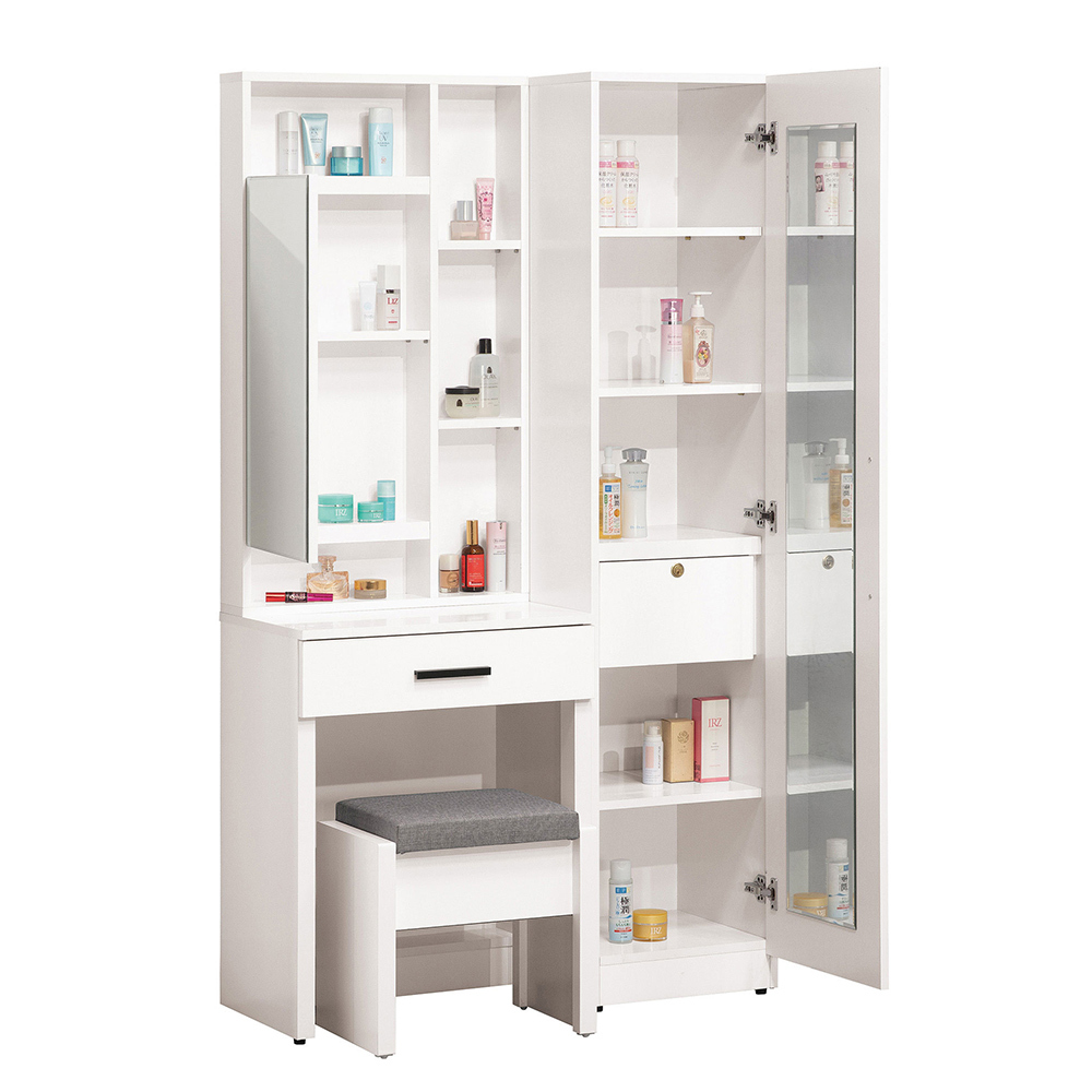 羅克莎2尺白色開門式化妝鏡台+1.3尺收納立鏡櫃(附耐磨皮革收納化妝椅)