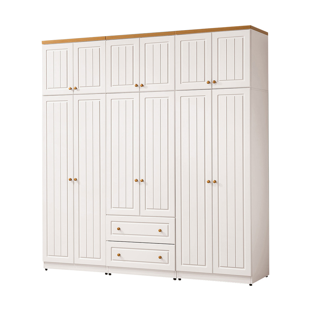 米爾7.6尺鄉村風加高型衣櫃組合(二門衣櫃+二門二抽衣櫃+二門衣櫃+棉被櫃)