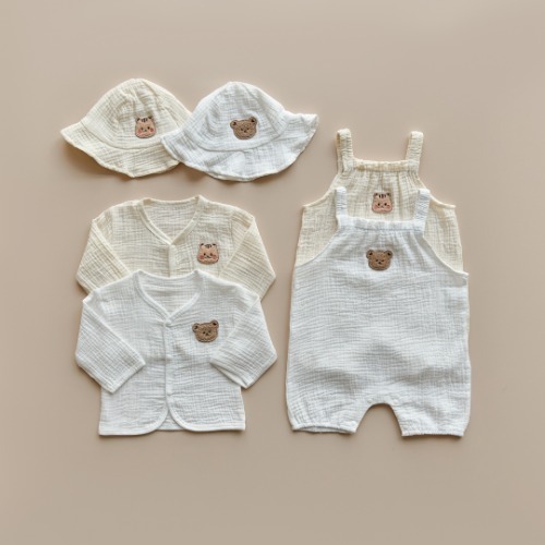 25S/S DOTBebe棉紗三件組合套裝(胎帽+背帶爬服+開襟衫)