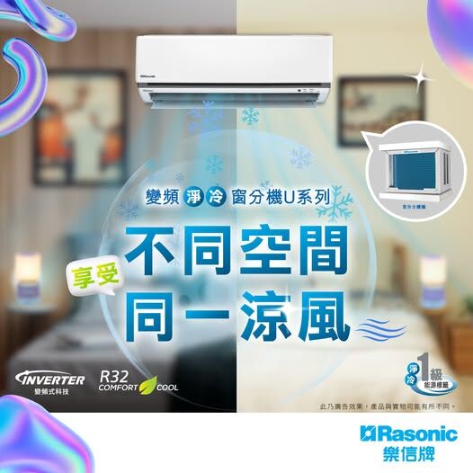 樂信 Rasonic   RS-U9YW/RU-U9YW‧1匹 R32 變頻淨冷‧窗口分體式冷氣機‧香港行貨,原廠1年全機,5年壓縮機保養‧