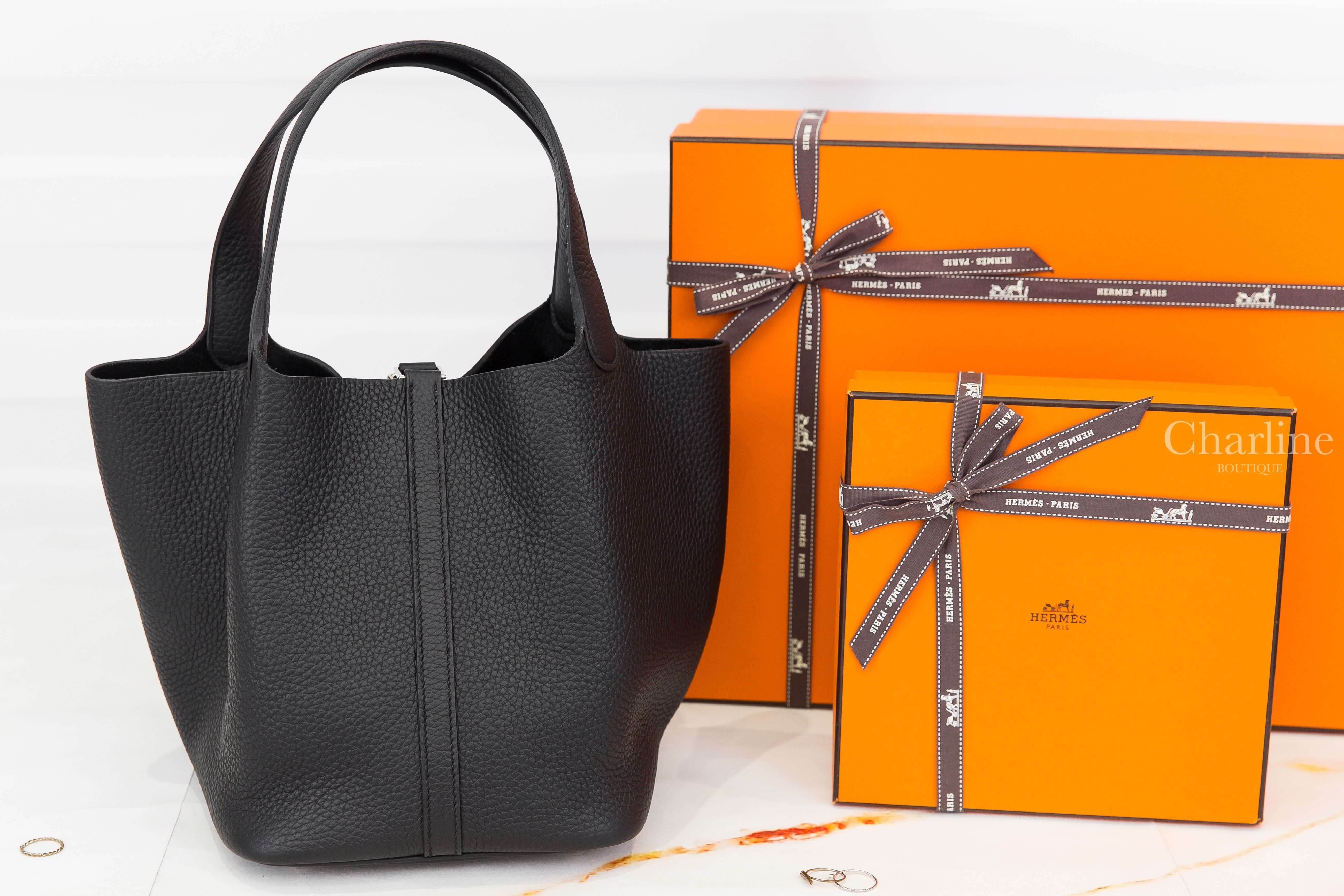 Hermès Picotin Lock 22cm 89 Noir Taurillon Clemence 黑色銀釦中型提把水桶包-Charline Boutique 精品代購