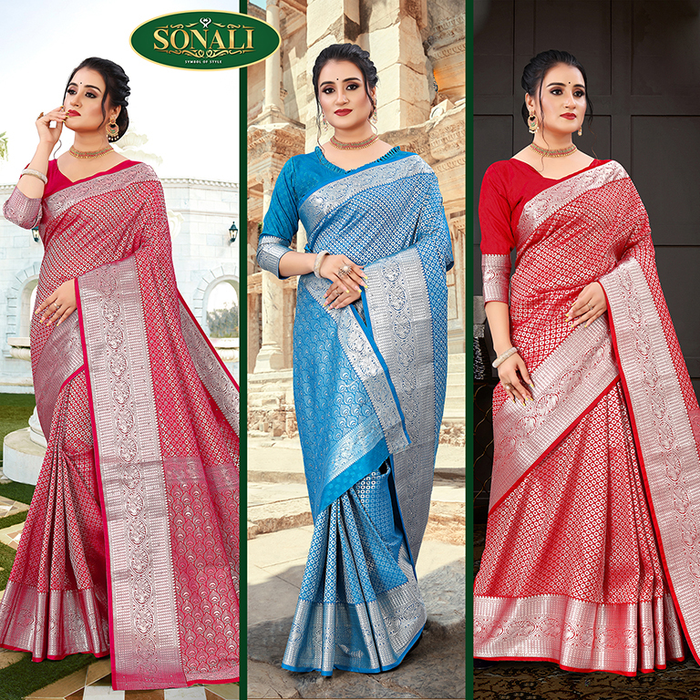 Sonali Premier Quality Women Sarees | Semi Kanchipuram (Silver / Copper Brocade with Diamonds) Sarees - Q1751A/Q1751B/Q1751C/Q1751D