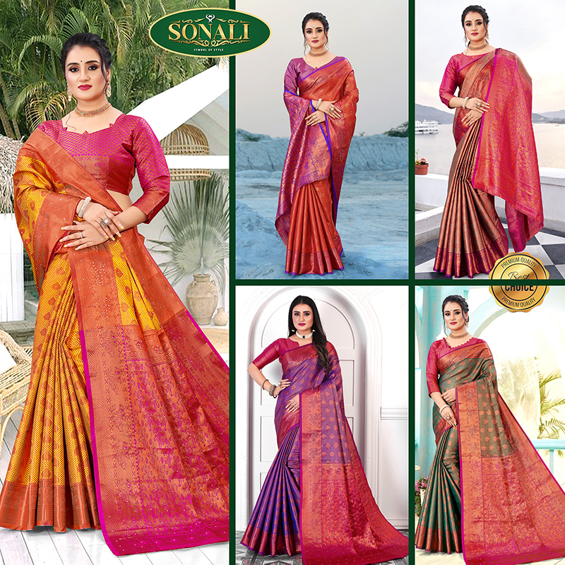 Sonali Premier Quality Women Sarees | Semi Kanchipuram (Silver / Copper Brocade with Diamonds) Sarees - Q1752A/Q1752B/Q1752C/Q1752D/Q1752E