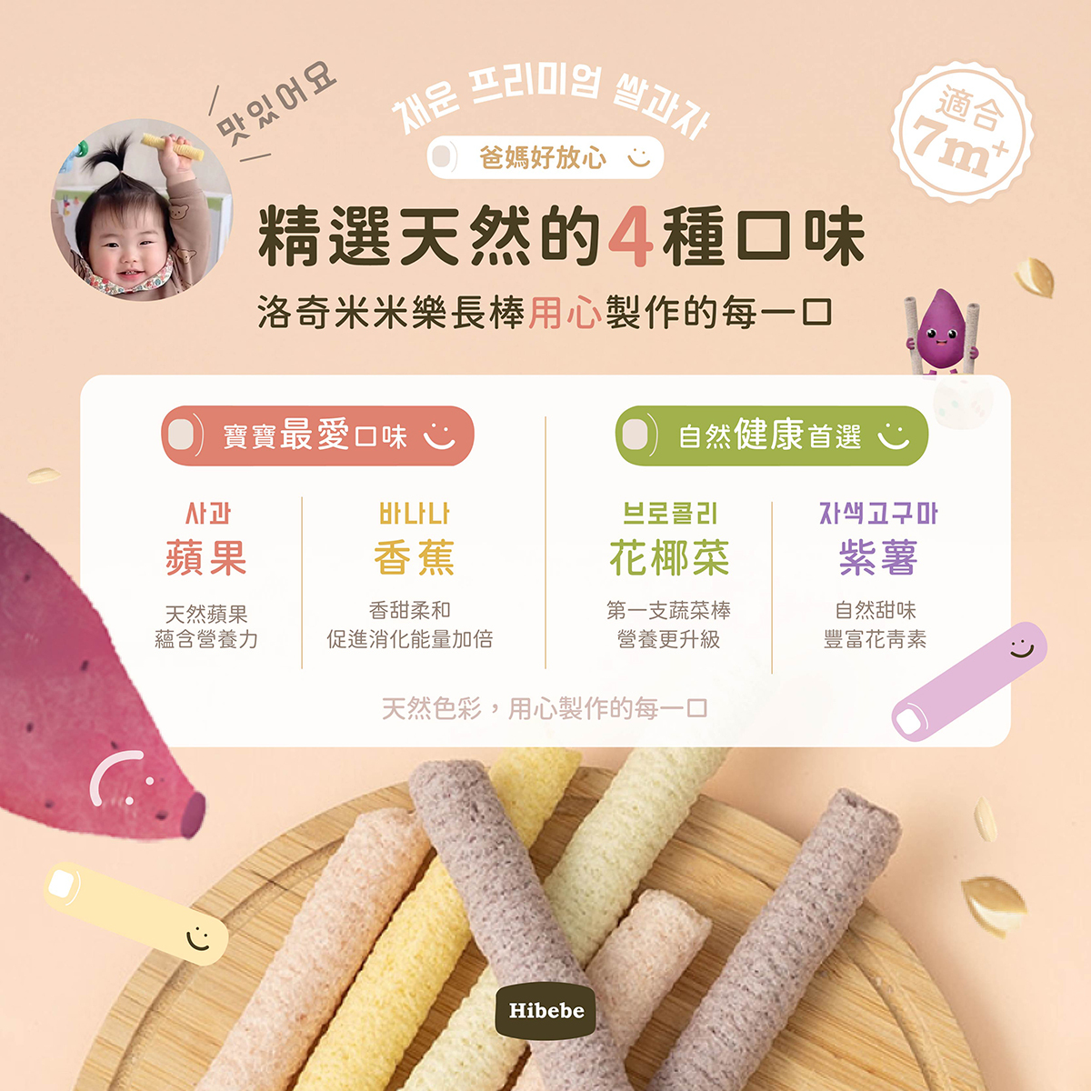 【HIBEBE洛奇】 米米樂長棒|蘋果 香蕉 花椰菜 紫薯|7m+/30g|草莓牛奶12m+/40g|嬰兒餅乾  袋裝  副食品 米米棒