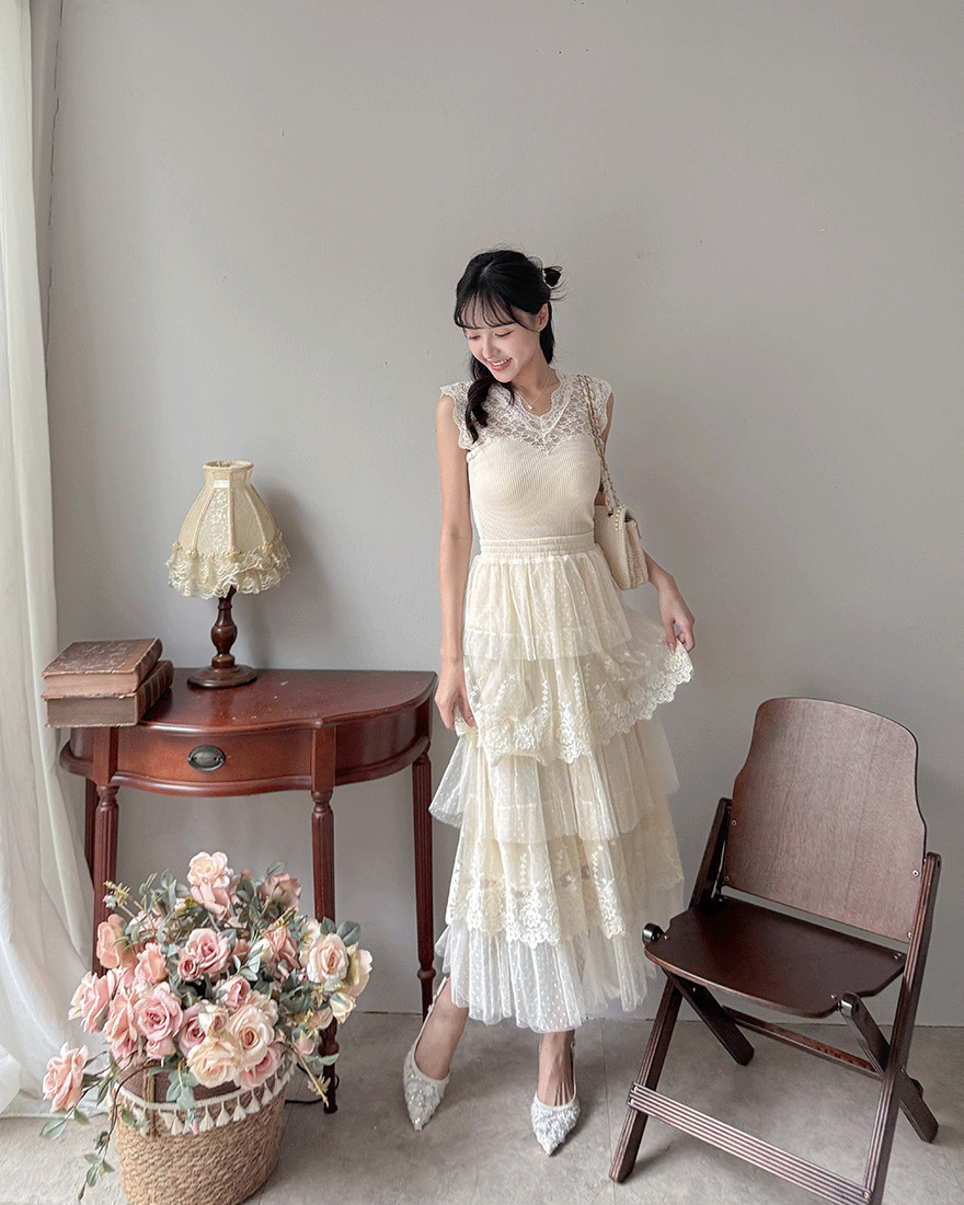 LINA LINA心動旋律刺繡波點網紗鬆緊長裙-奶油杏