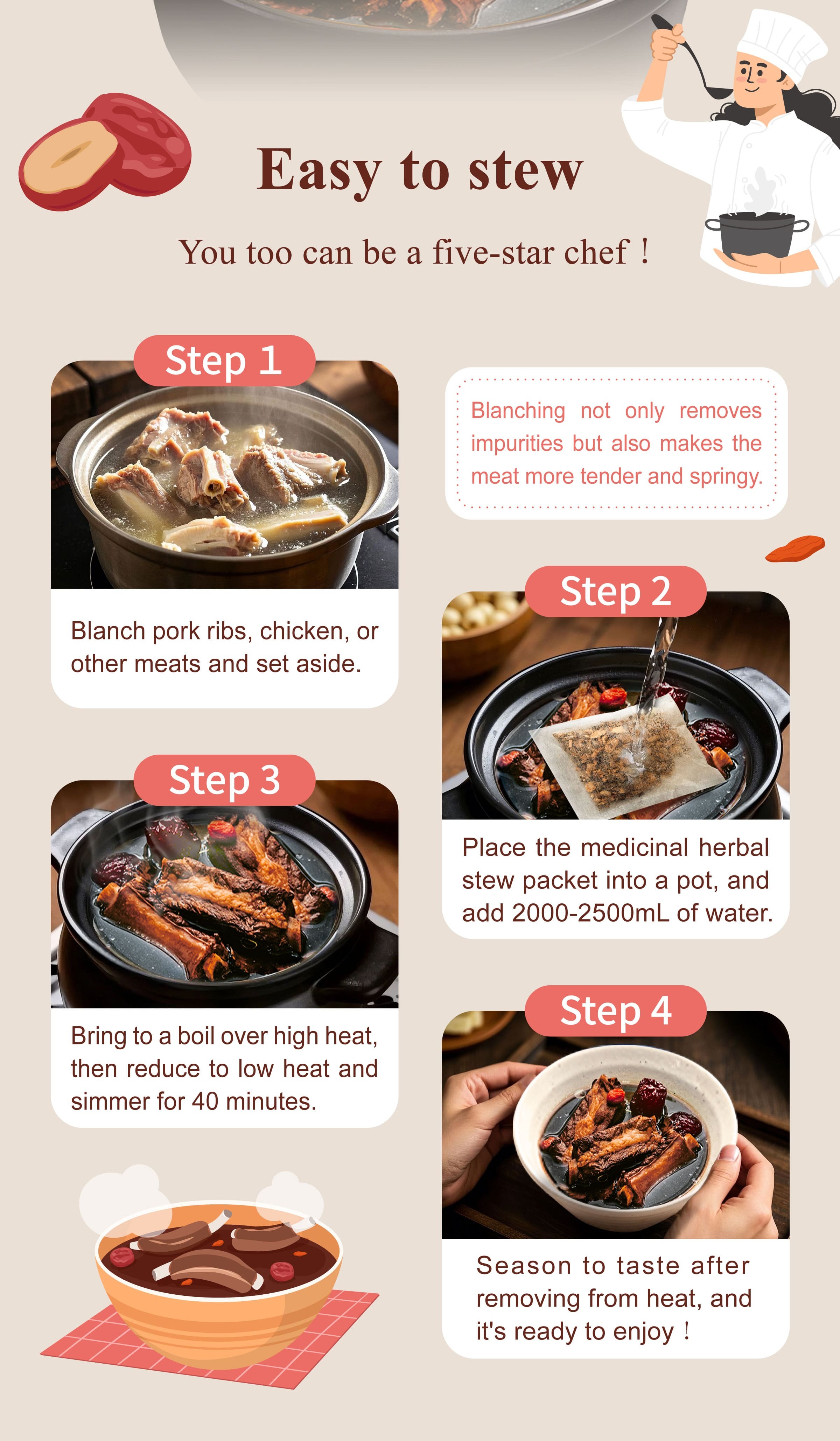 Dengyi Ribs Stew Herbal Soup Kit Stewing method