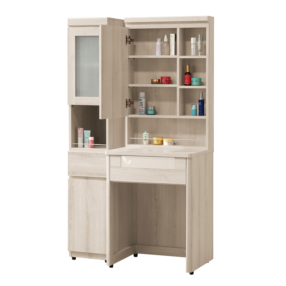 柏瑪3尺開門式鏡面化妝桌+收納立櫃組合(附耐磨皮革收納化妝椅)