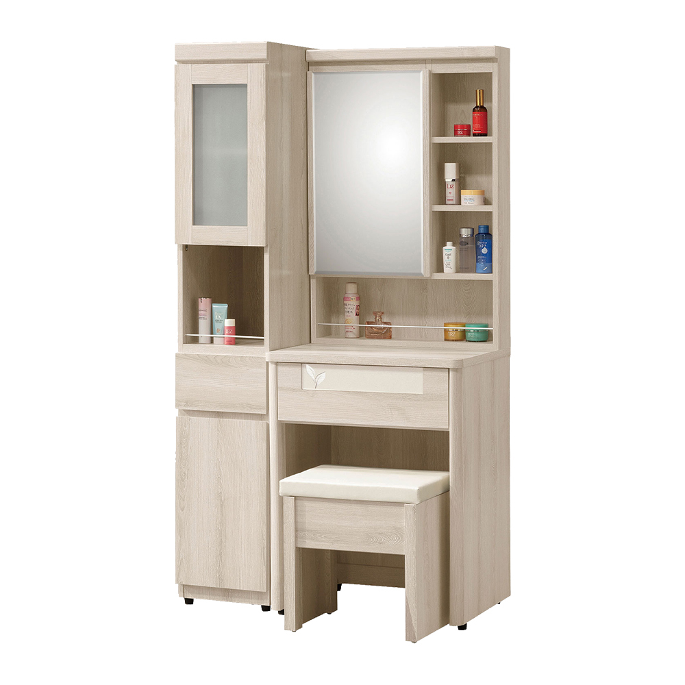 柏瑪3尺開門式鏡面化妝桌+收納立櫃組合(附耐磨皮革收納化妝椅)