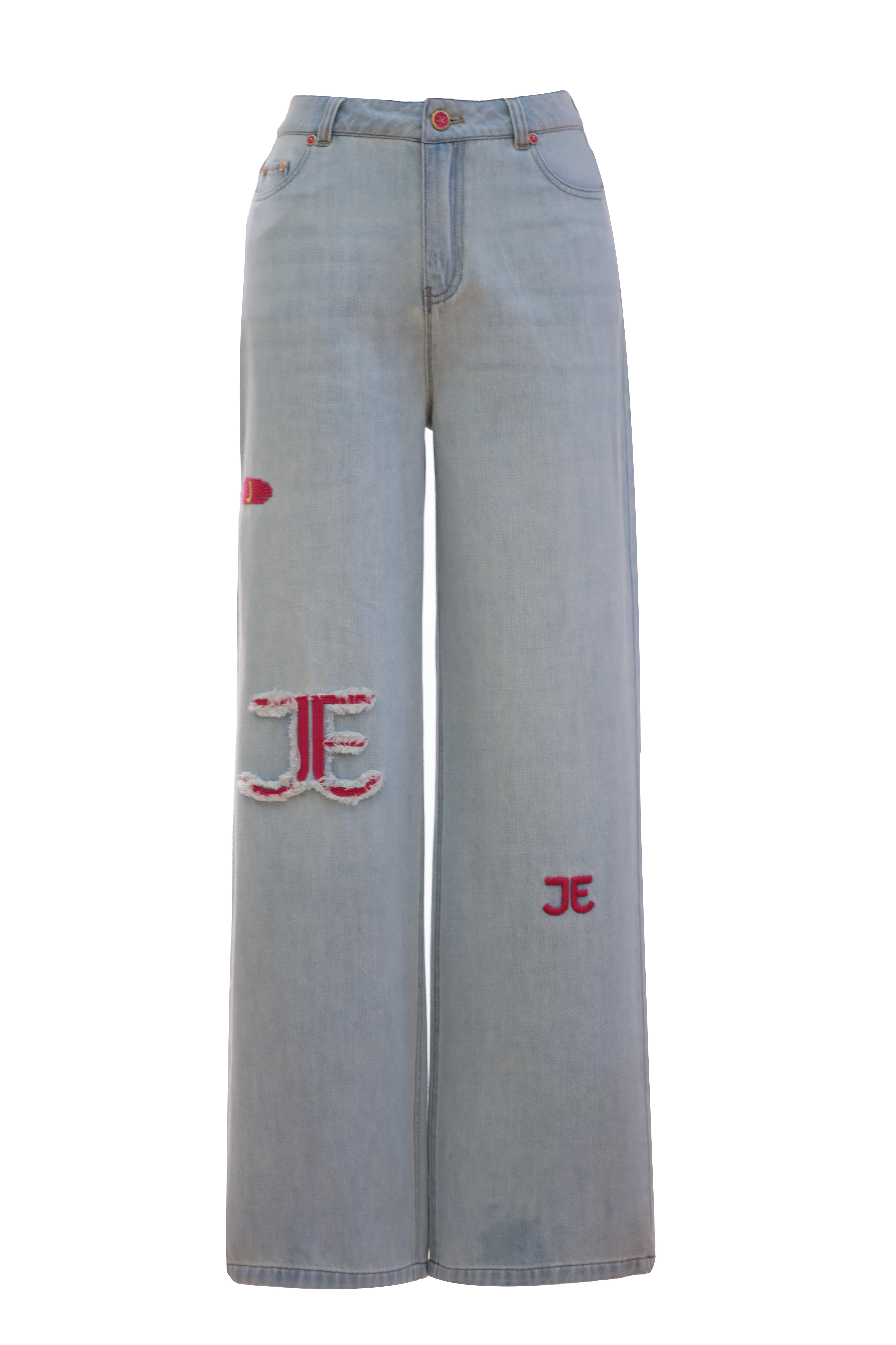 BD10330B1  JE刺繡牛仔微喇寬褲