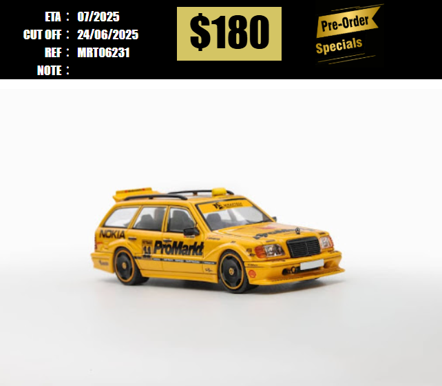 PO-$180 * MORTAL * 1:64 MERCEDES BENZ E CLASS S124 ESTATE MODEL II EVO2 YELLOW TAXI [OD23/06]
