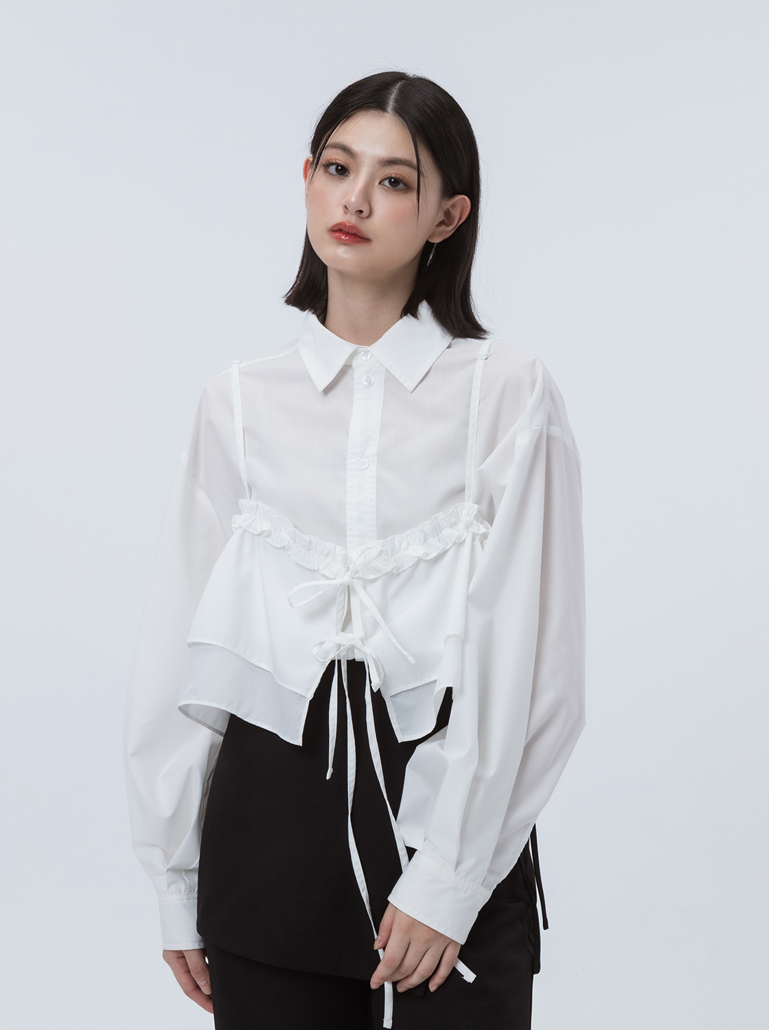 細肩帶荷葉抽皺素色襯衫組