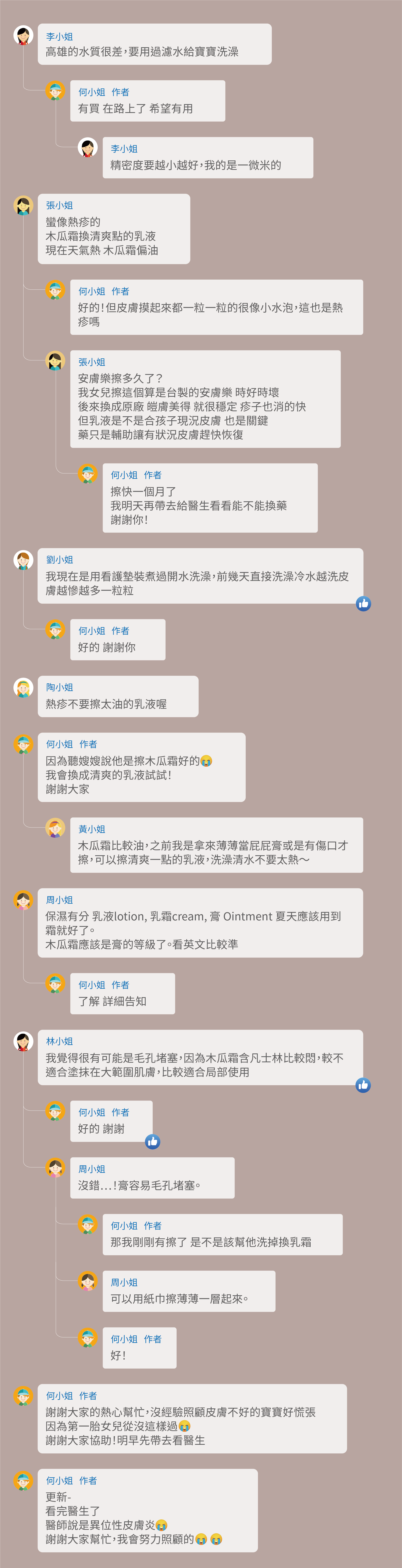 高雄的水質很差，要用過濾水給寶寶洗澡，有買 在路上了 希望有用，精密度要越小越好，我的是一微米的，蠻像熱疹的，木瓜霜換清爽點的乳液，現在天氣熱 木瓜霜偏油，好的！但皮膚摸起來都一粒一粒的很像小水泡，這也是熱疹嗎，安膚樂擦多久了？我女兒擦這個算是台製的安膚樂 時好時壞，後來換成原廠 皚膚美得 就很穩定 疹子也消的快，但乳液是不是合孩子現況皮膚 也是關鍵，藥只是輔助讓有狀況皮膚趕快恢復，擦快一個月了，我明天再帶去給醫生看看能不能換藥，謝謝你！我現在是用看護墊裝煮過開水洗澡，前幾天直接洗澡冷水越洗皮膚越慘越多一粒粒，好的 謝謝你，熱疹不要擦太油的乳液喔，因為聽嫂嫂說他是擦木瓜霜好的，我會換成清爽的乳液試試！謝謝大家，我沒擦 類固醇藥膏她也是很ok參考，木瓜霜比較油，之前我是拿來薄薄當屁屁膏或是有傷口才擦，可以擦清爽一點的乳液，洗澡清水不要太熱～保濕有分 乳液lotion, 乳霜cream, 膏 Ointment 夏天應該用到霜就好了。木瓜霜應該是膏的等級了。看英文比較準，了解 詳細告知，我覺得很有可能是毛孔堵塞，因為木瓜霜含凡士林比較悶，較不適合塗抹在大範圍肌膚，比較適合局部使用，好的 謝謝，沒錯…！膏容易毛孔堵塞。那我剛剛有擦了 是不是該幫他洗掉換乳霜，可以用紙巾擦薄薄一層起來。好！謝謝大家的熱心幫忙，沒經驗照顧皮膚不好的寶寶好慌張，因為第一胎女兒從沒這樣過，謝謝大家協助！明早先帶去看醫生，更新-，看完醫生了，醫師說是異位性皮膚炎，謝謝大家幫忙，我會努力照顧的