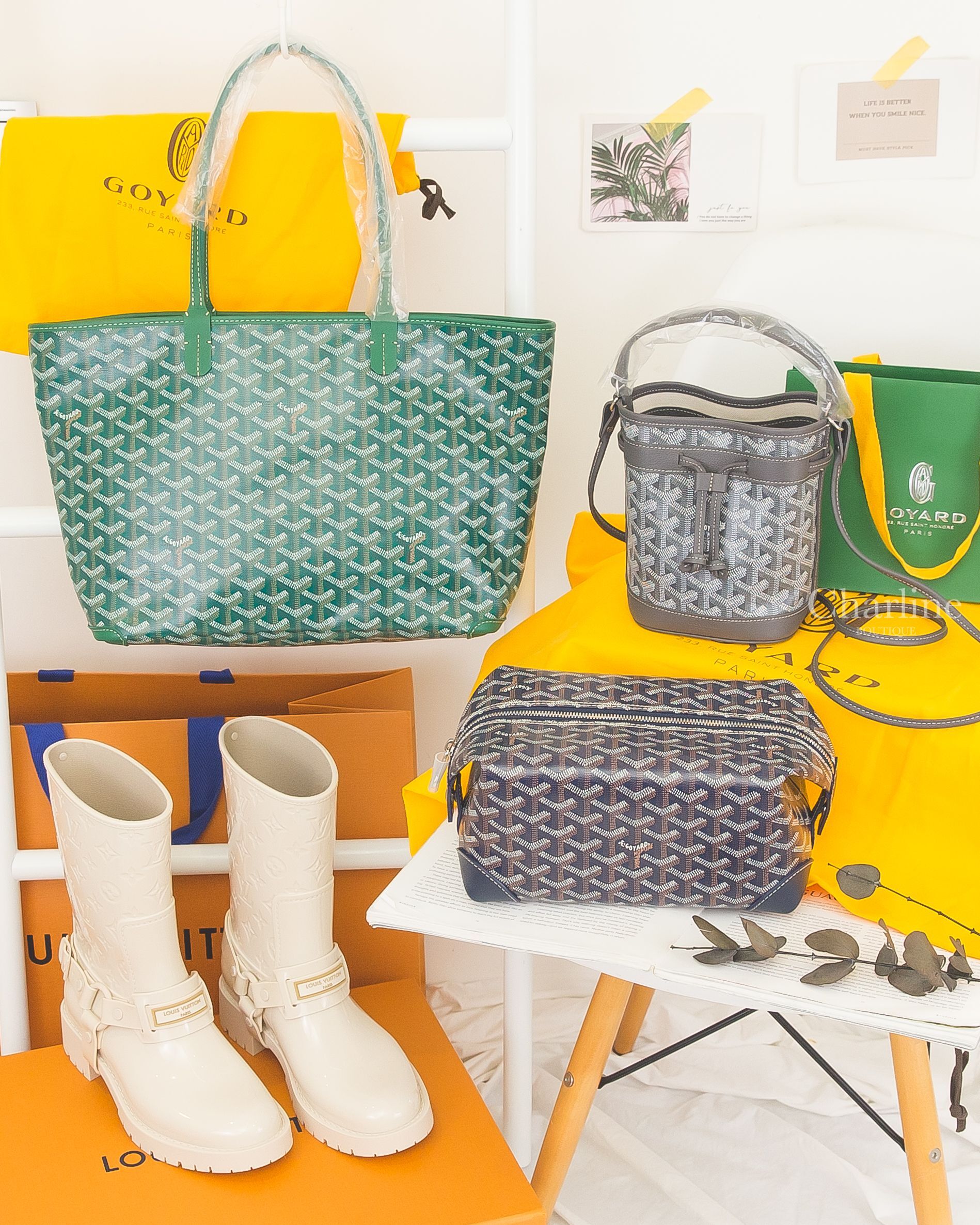 LV 白色老花橡膠雨靴,Goyard Bowling 海軍藍盥洗包,Goyard Petit Flot Mini Bucket 灰色水桶包,Goyard Artois PM 綠色拉鍊托特包-Charline Boutique 精品代購