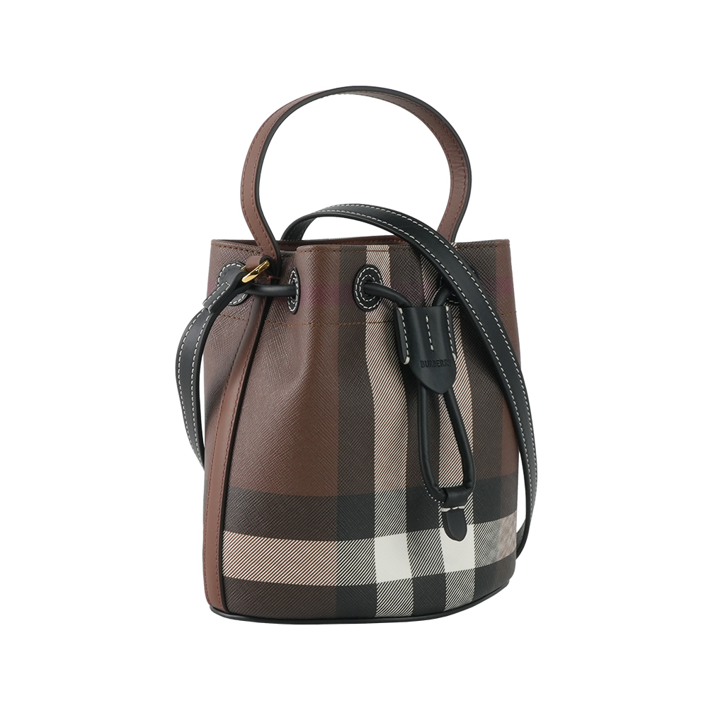 【Burberry】TB 格紋帆布拼皮革迷你水桶包(暗樺木棕色)