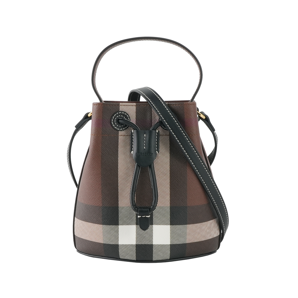 【Burberry】TB 格紋帆布拼皮革迷你水桶包(暗樺木棕色)