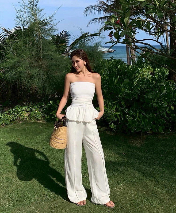 雲朵白鬆緊腰波西米亞鏤空蕾絲長褲S-L (Elegant & Love)