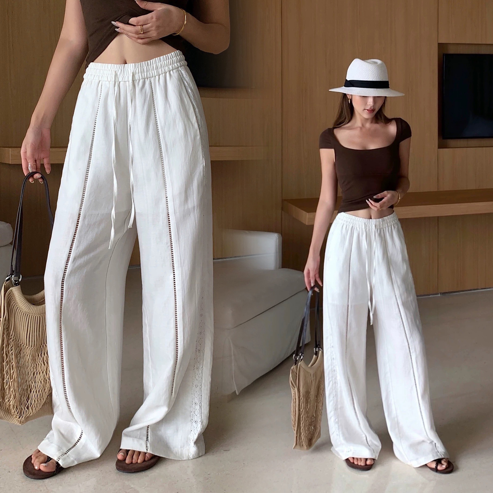 雲朵白鬆緊腰波西米亞鏤空蕾絲長褲S-L (Elegant & Love)