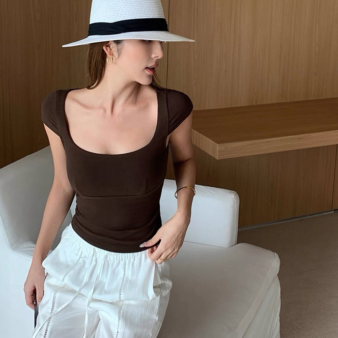 歐美女子方領半袖合身棉TEE上衣S-L / 3色 (Elegant & Love)