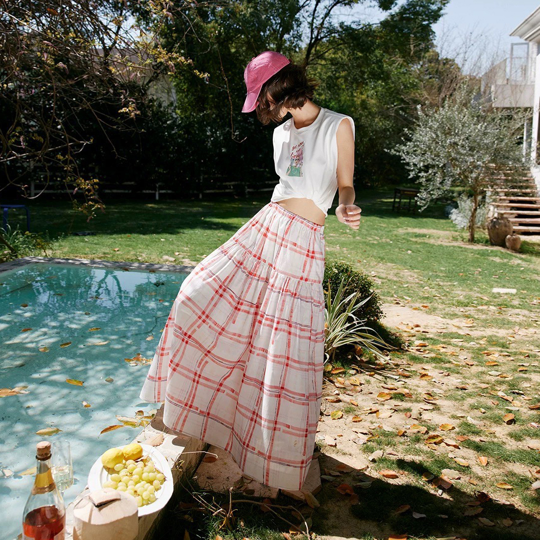 可愛感配色紅白格紋澎澎傘擺長裙S-M (Elegant & Love)