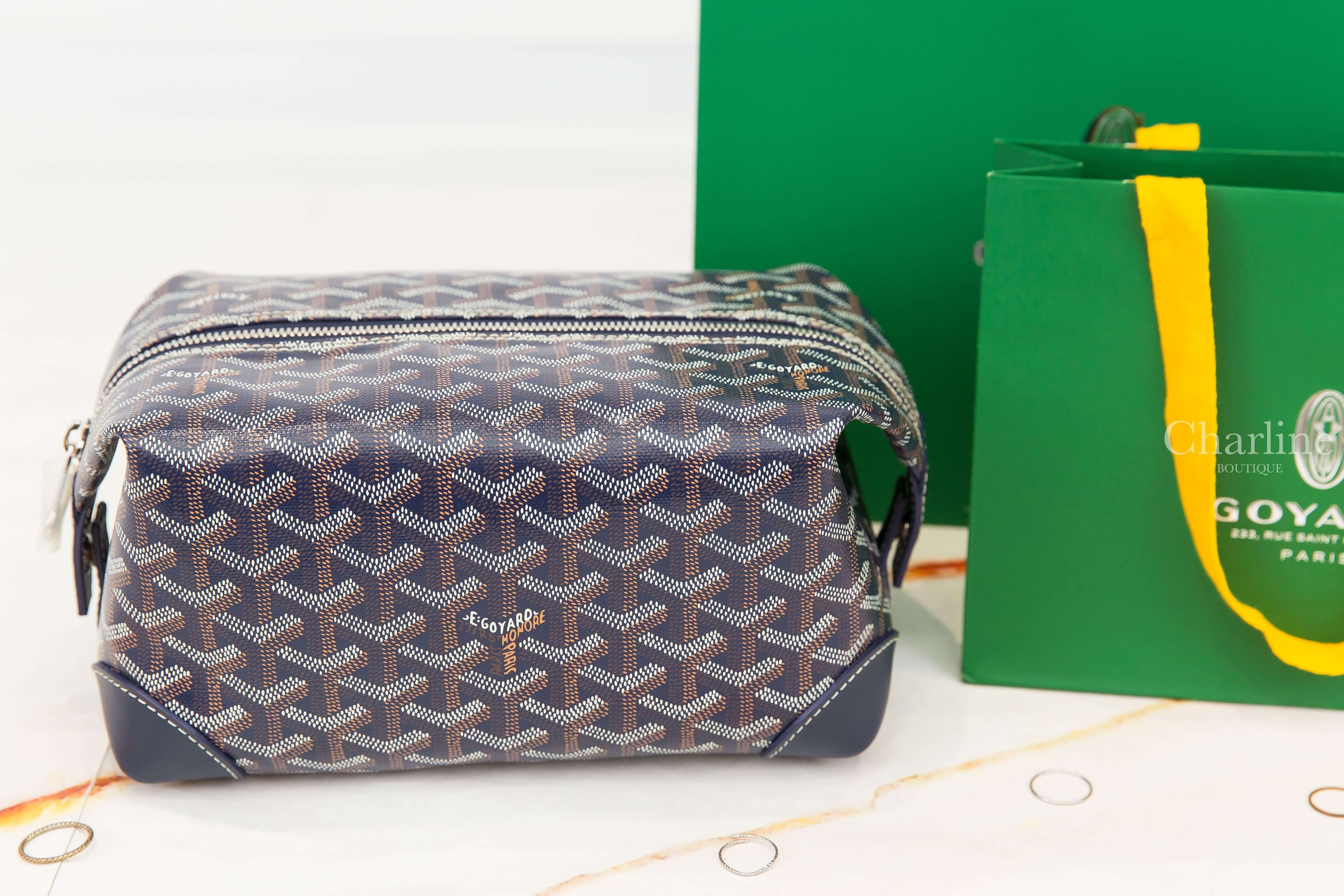 Goyard Bowling 25 Toiletry Bag 海軍藍帆布小牛皮黃色內裡拉鍊手拿盥洗包