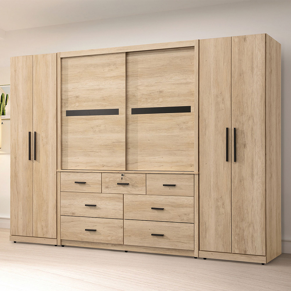 艾加9.1尺多功能收納衣櫃組合-內附側拉鏡(單吊桿衣櫃+推門衣櫃+雙吊桿衣櫃)