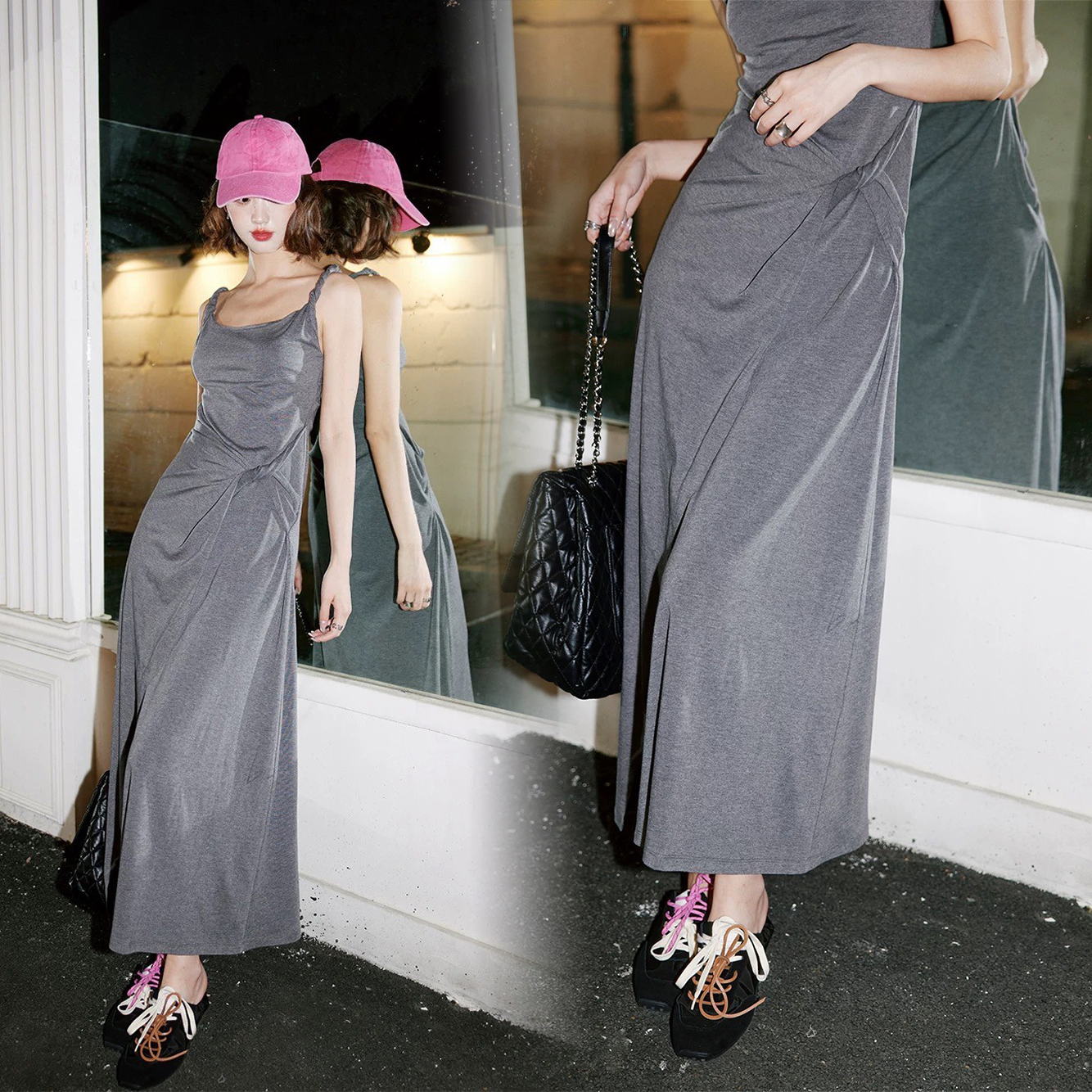 質感灰扭結肩帶收腰造型長洋裝XS-L (Elegant & Love)