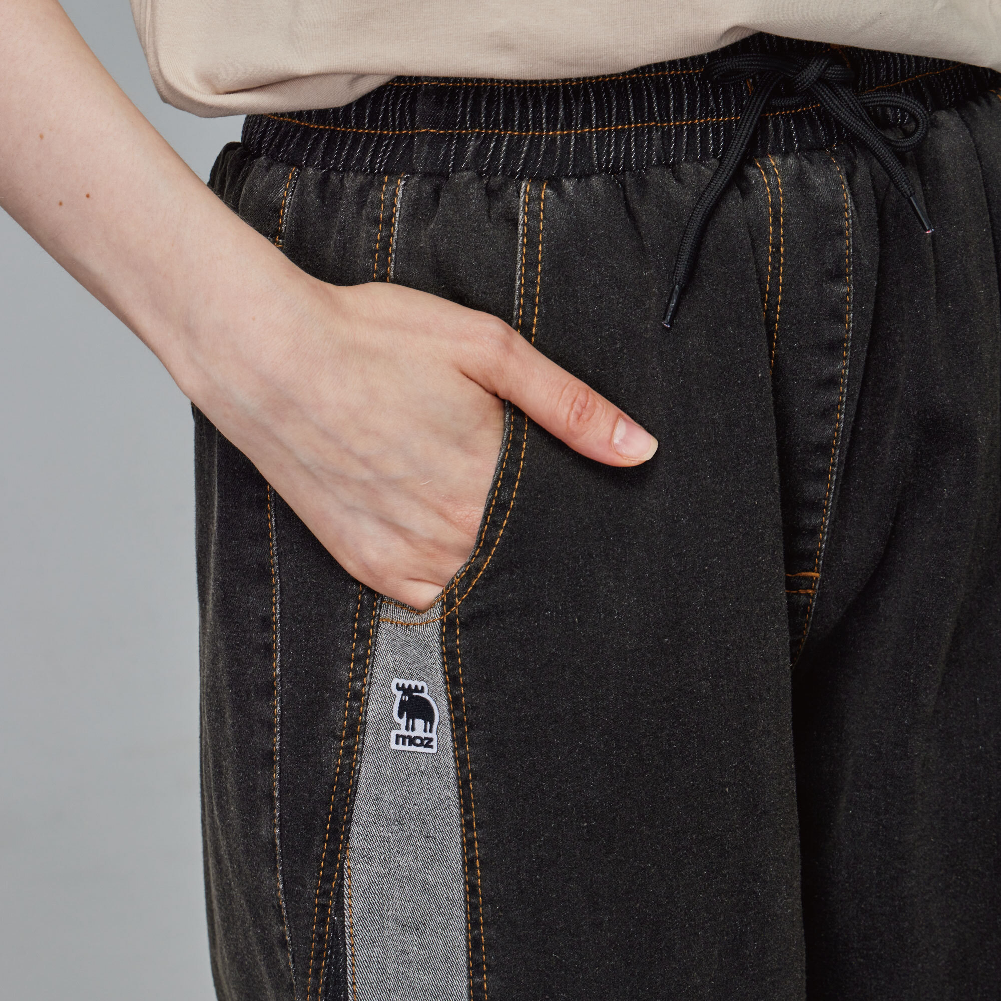 moz Swedish moose stitching elastic denim comfortable wide pants