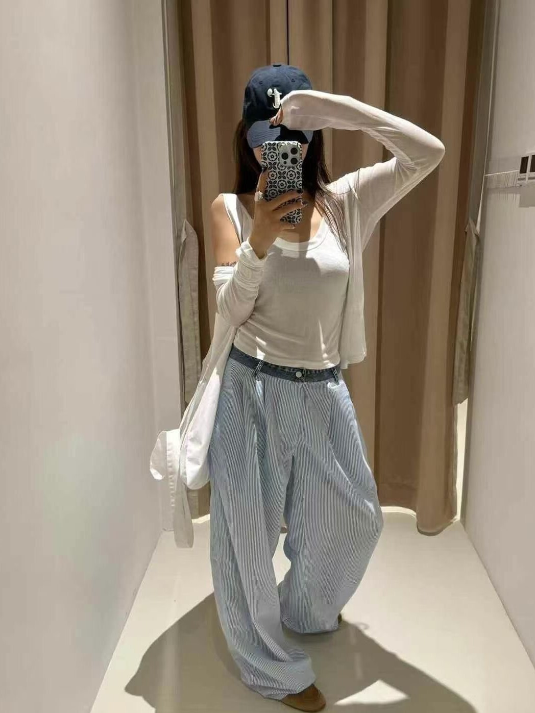長褲丨帥氣牛仔腰頭拼接直條紋褲