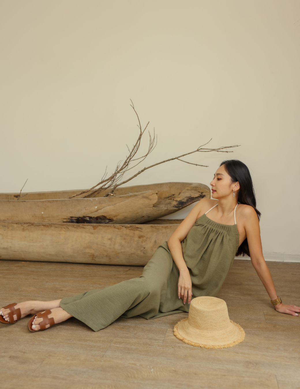 前打折棉麻美背洋裝（綠色/4尺寸）