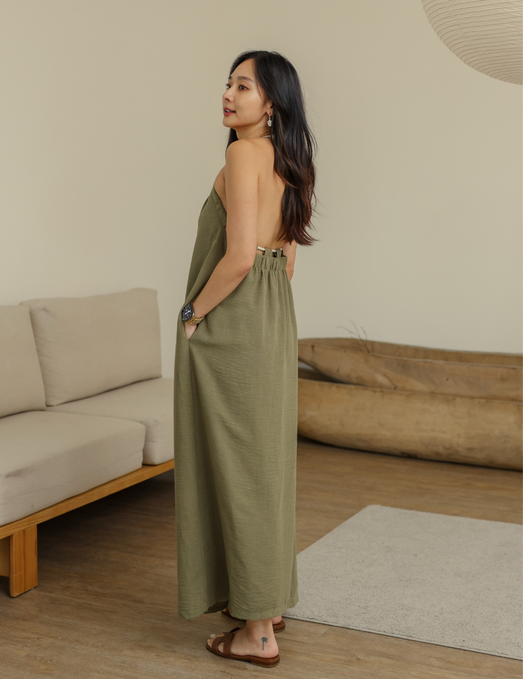 前打折棉麻美背洋裝（綠色/4尺寸）