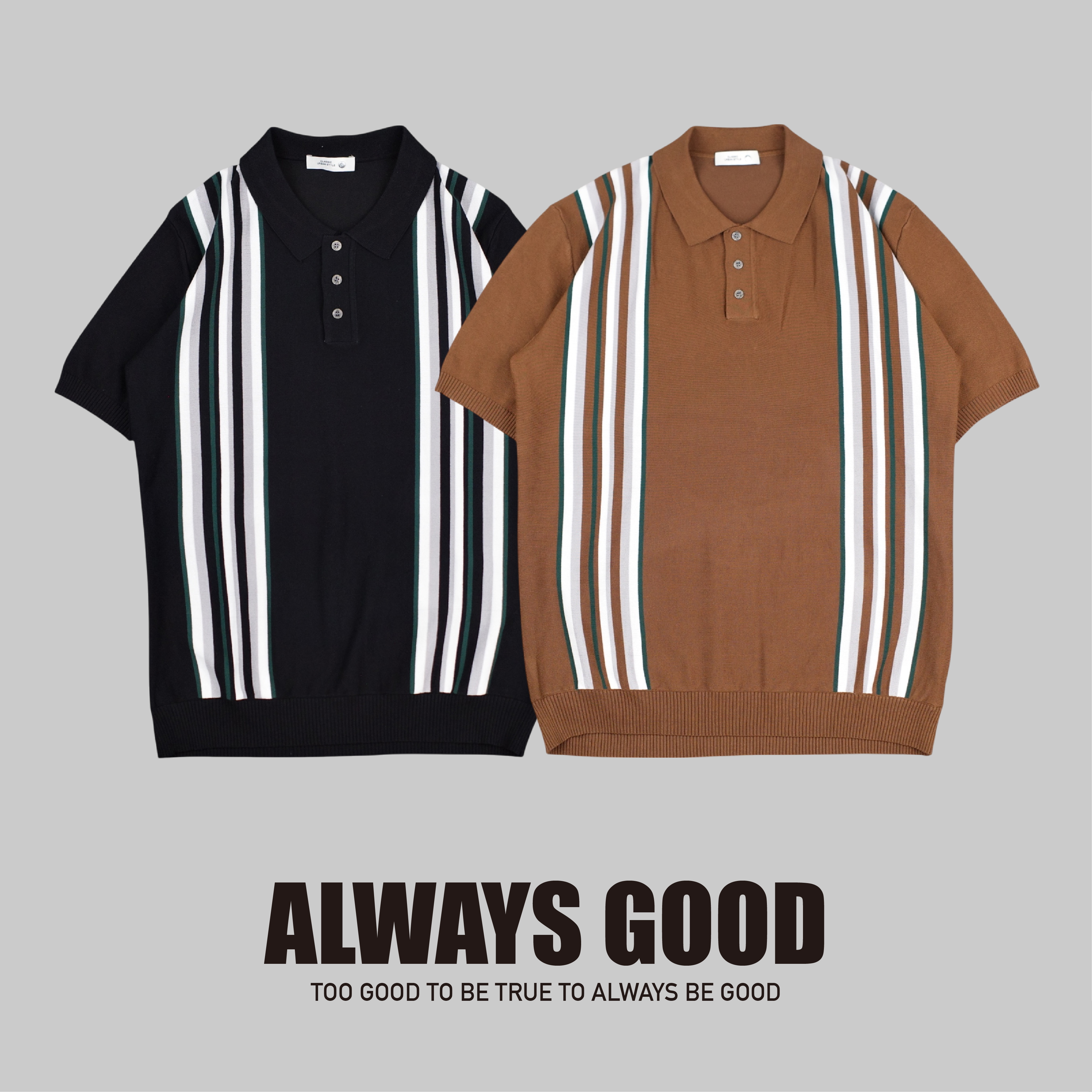 『Always_Good』撞色 直條紋 針織 POLO衫 短T