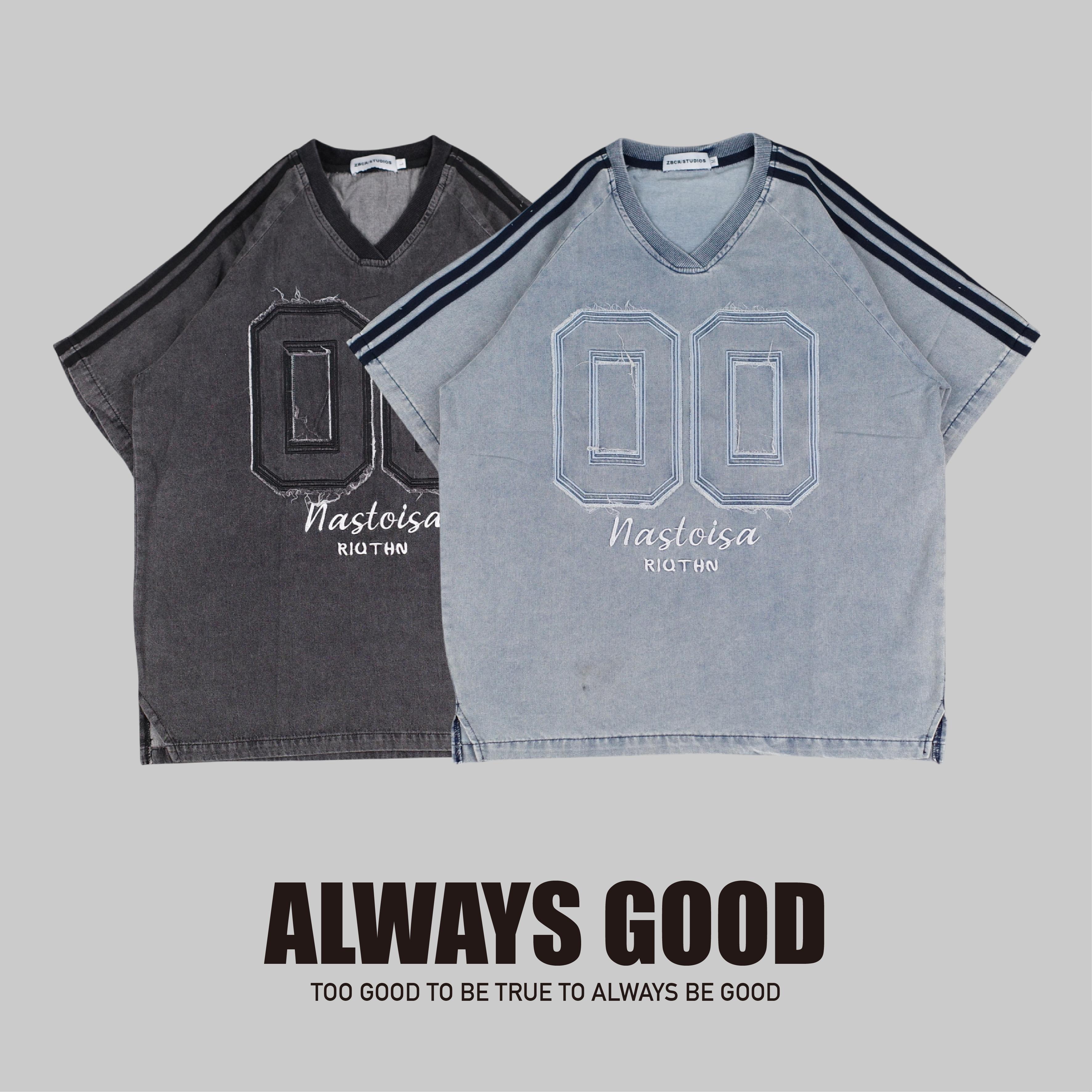 『Always_Good』做舊 刺繡 毛邊 牛仔 V領 短T