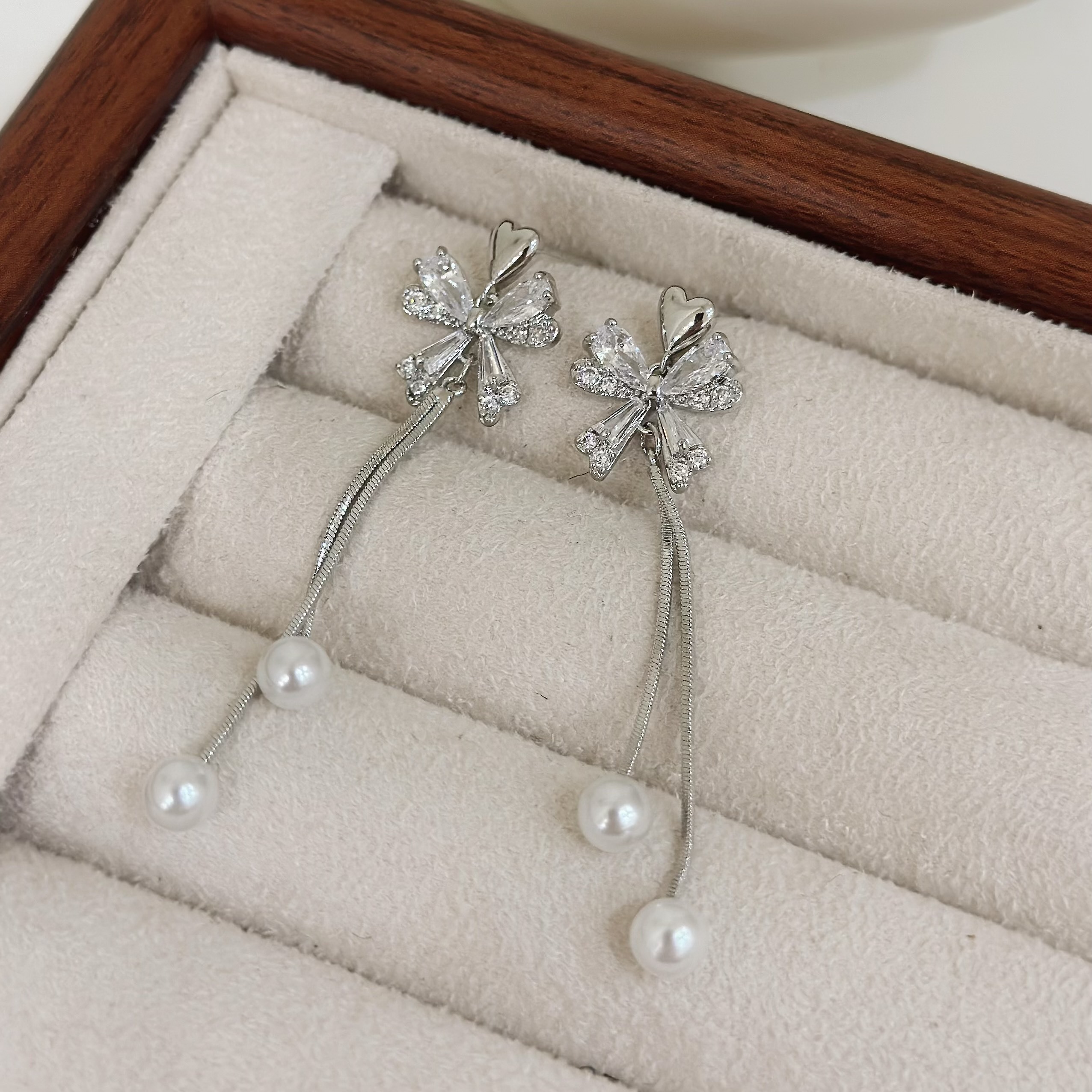 B434愛心鋯石蝴蝶結珍珠垂吊