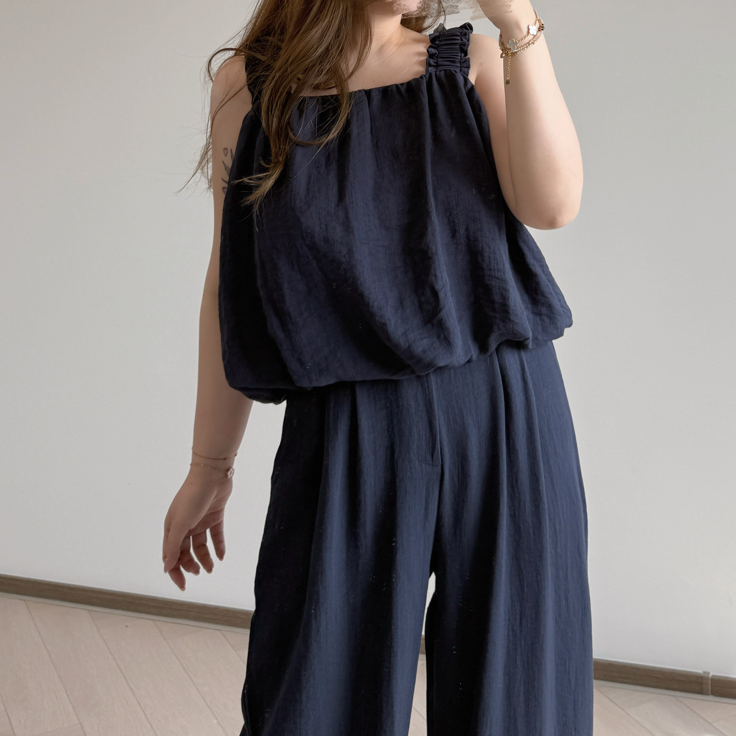 現貨 Vol.17 7206 深藍涼感布背心闊腳褲套裝