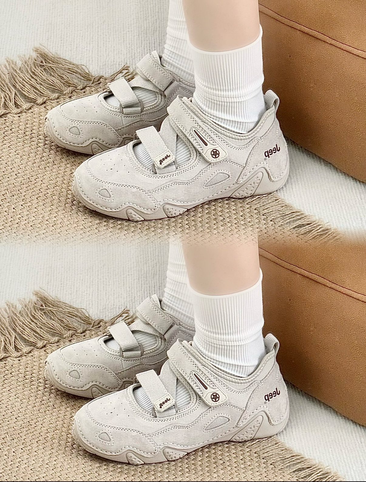 JEEP 戶外涼鞋 包頭涼鞋 瑪莉珍鞋 淺灰色 米白色 麂皮 戶外風 機能 女款/預購