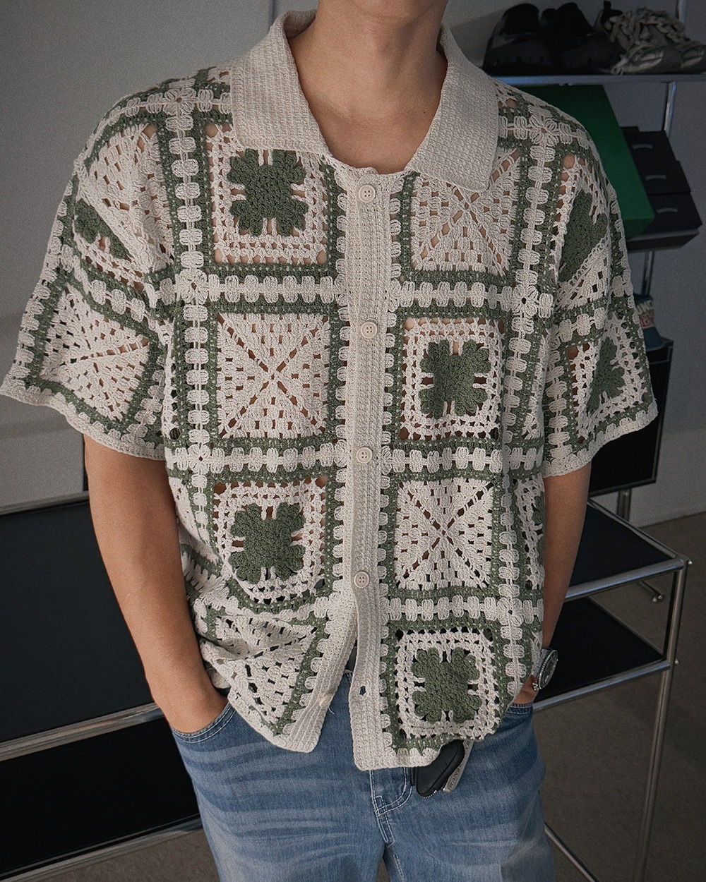 三葉草鉤針短袖開襟衫