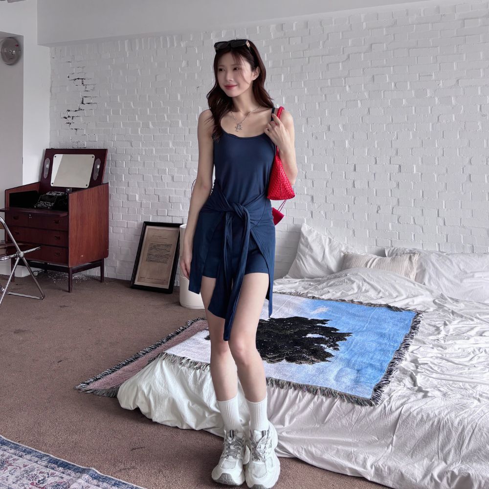 【DOMISS自訂】一秒完成穿搭! 綁帶背心連身洋裝 無袖背心裙-2色(現貨)