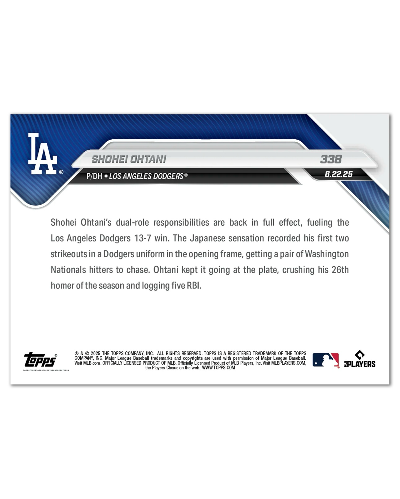 Topps 官方授權 2025 大谷翔平 Shohei Ohtani - 道奇隊 第1K 紀念卡 #338