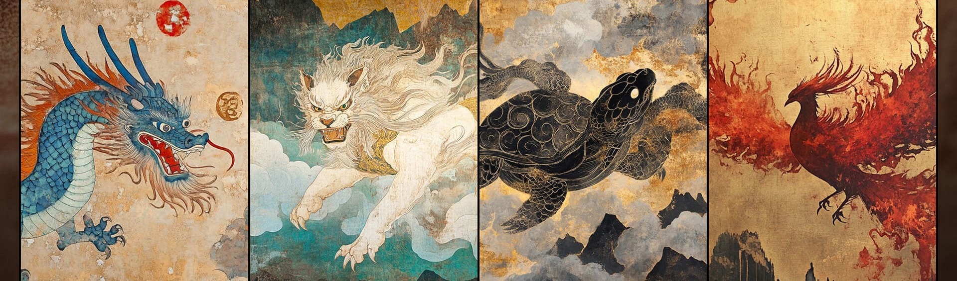 東方四神獸古風壁畫風格插圖，依序為青龍、白虎、玄武與朱雀，象徵突破、果敢、穩定與熱情四種能量，展現傳統神獸意象與現代精神對照之美感