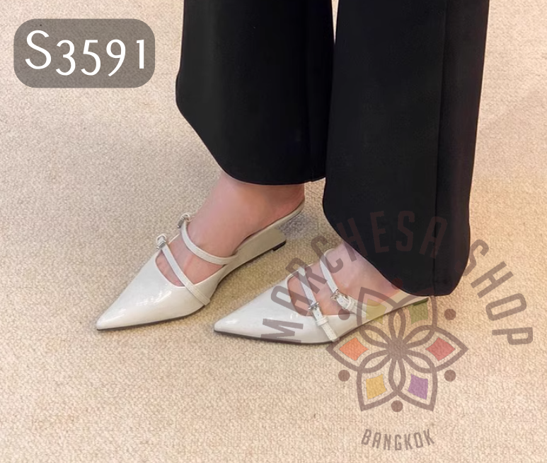 S3591 - 頭層羊漆皮雙扣帶尖頭特色涼拖