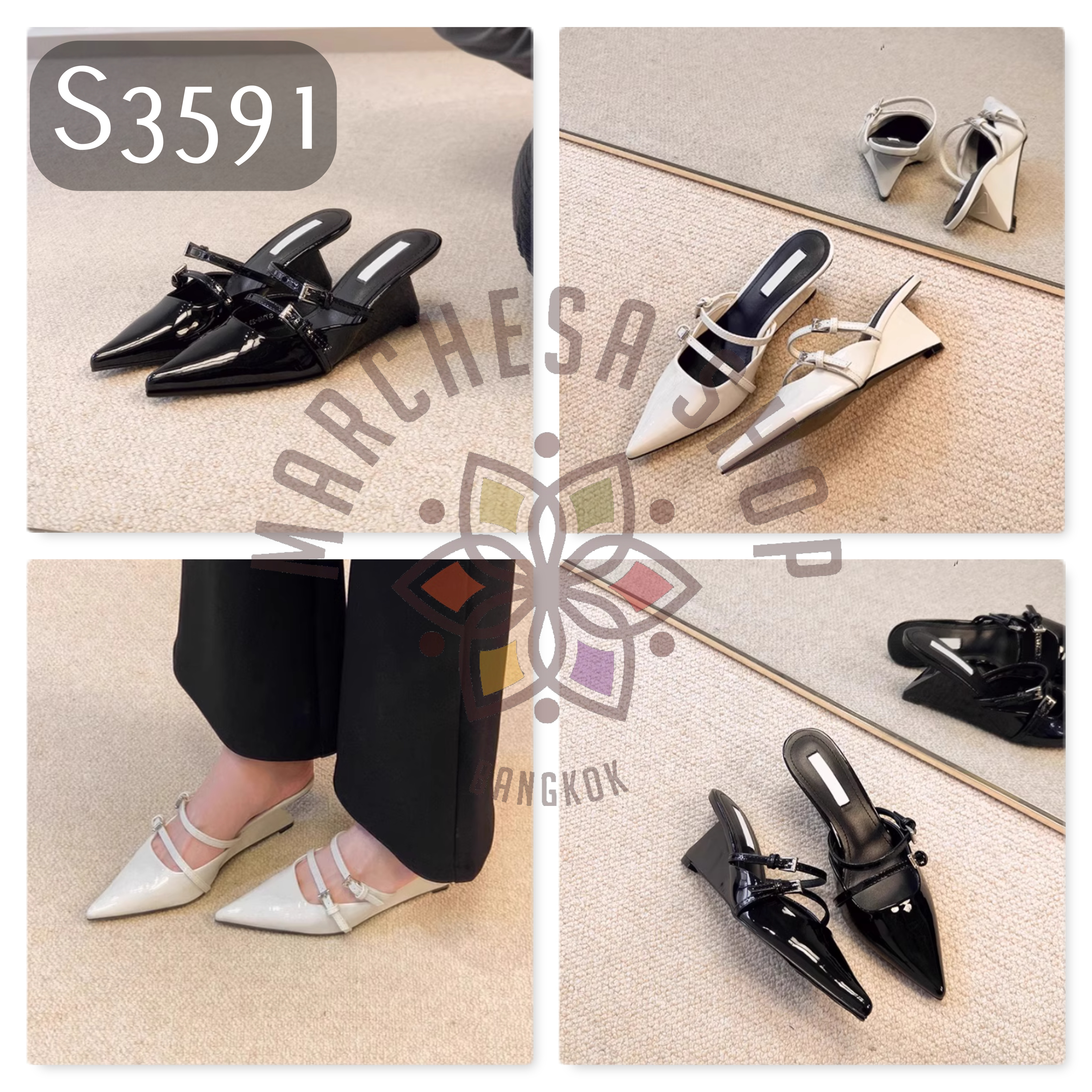 S3591 - 頭層羊漆皮雙扣帶尖頭特色涼拖