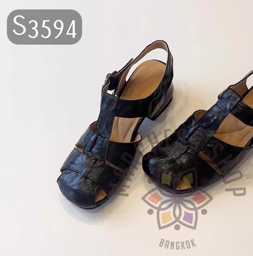 S3594 - 頭層水磨羊皮編織粗帶方頭高踭涼鞋