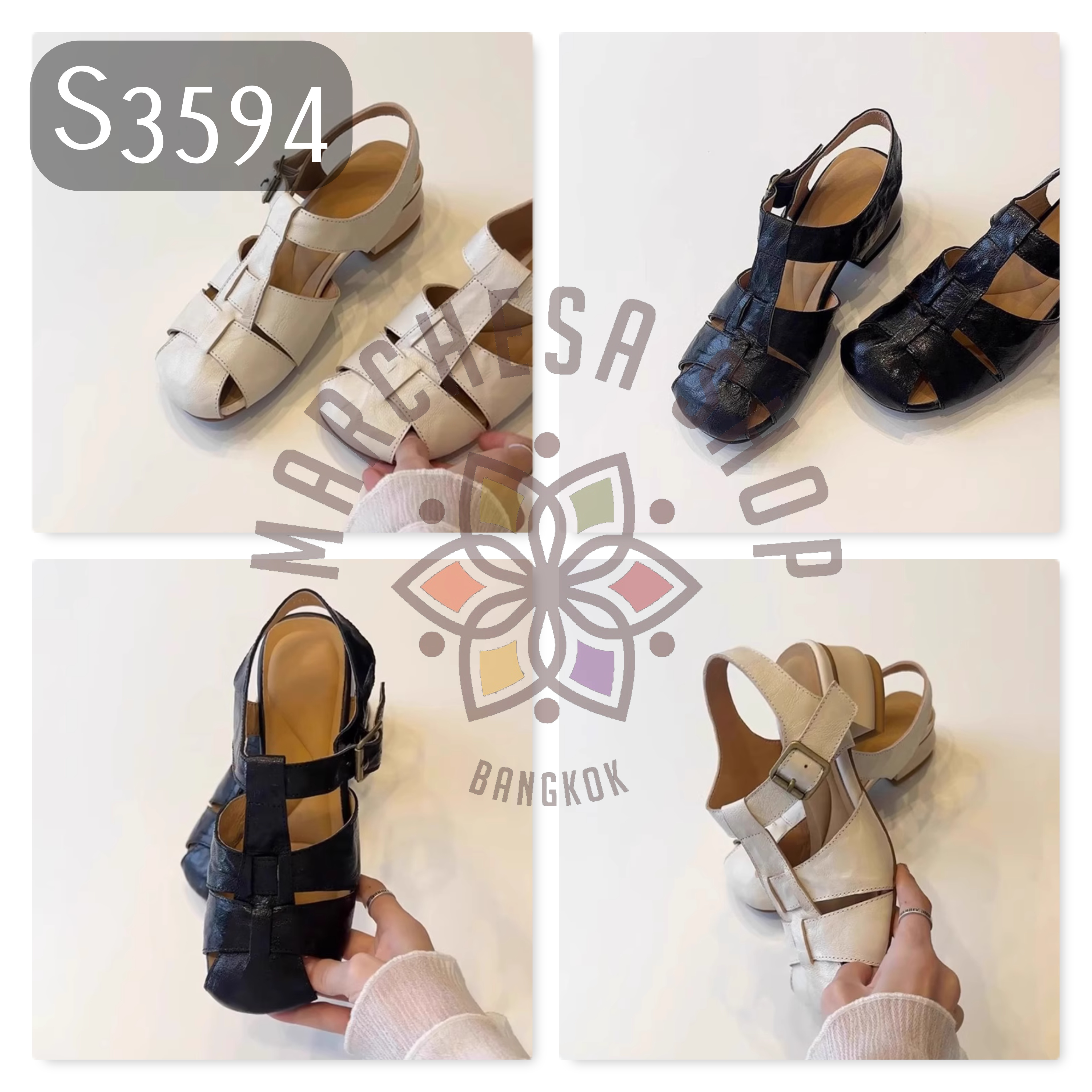 S3594 - 頭層水磨羊皮編織粗帶方頭高踭涼鞋